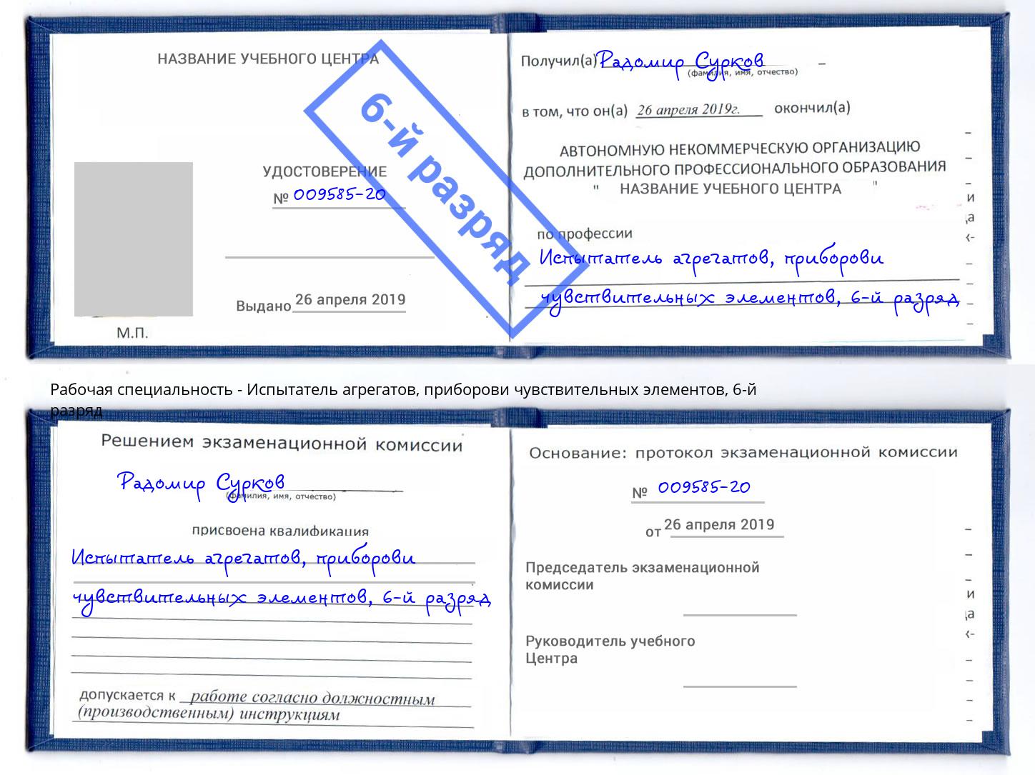корочка 6-й разряд Испытатель агрегатов, приборови чувствительных элементов Элиста