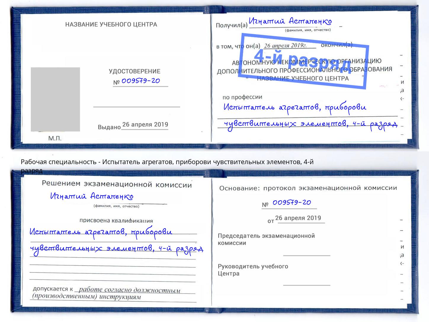 корочка 4-й разряд Испытатель агрегатов, приборови чувствительных элементов Элиста