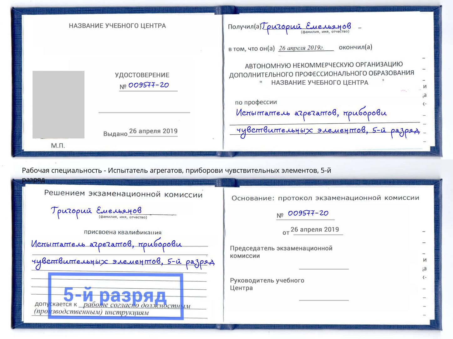 корочка 5-й разряд Испытатель агрегатов, приборови чувствительных элементов Элиста
