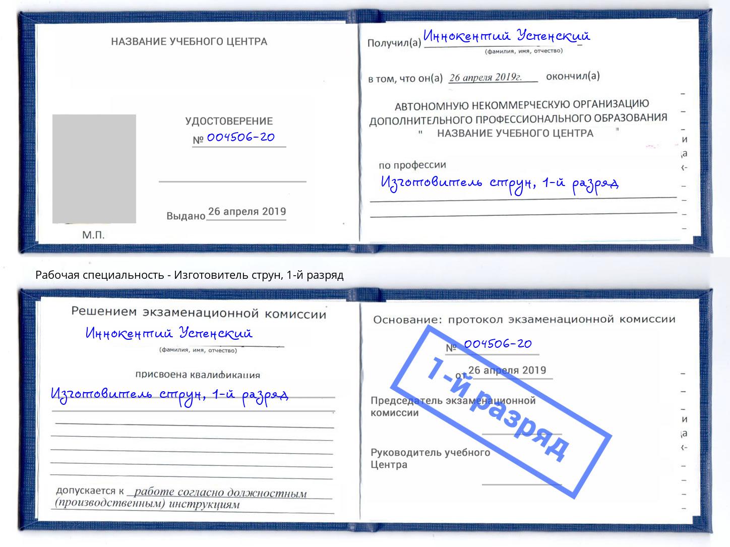 корочка 1-й разряд Изготовитель струн Элиста