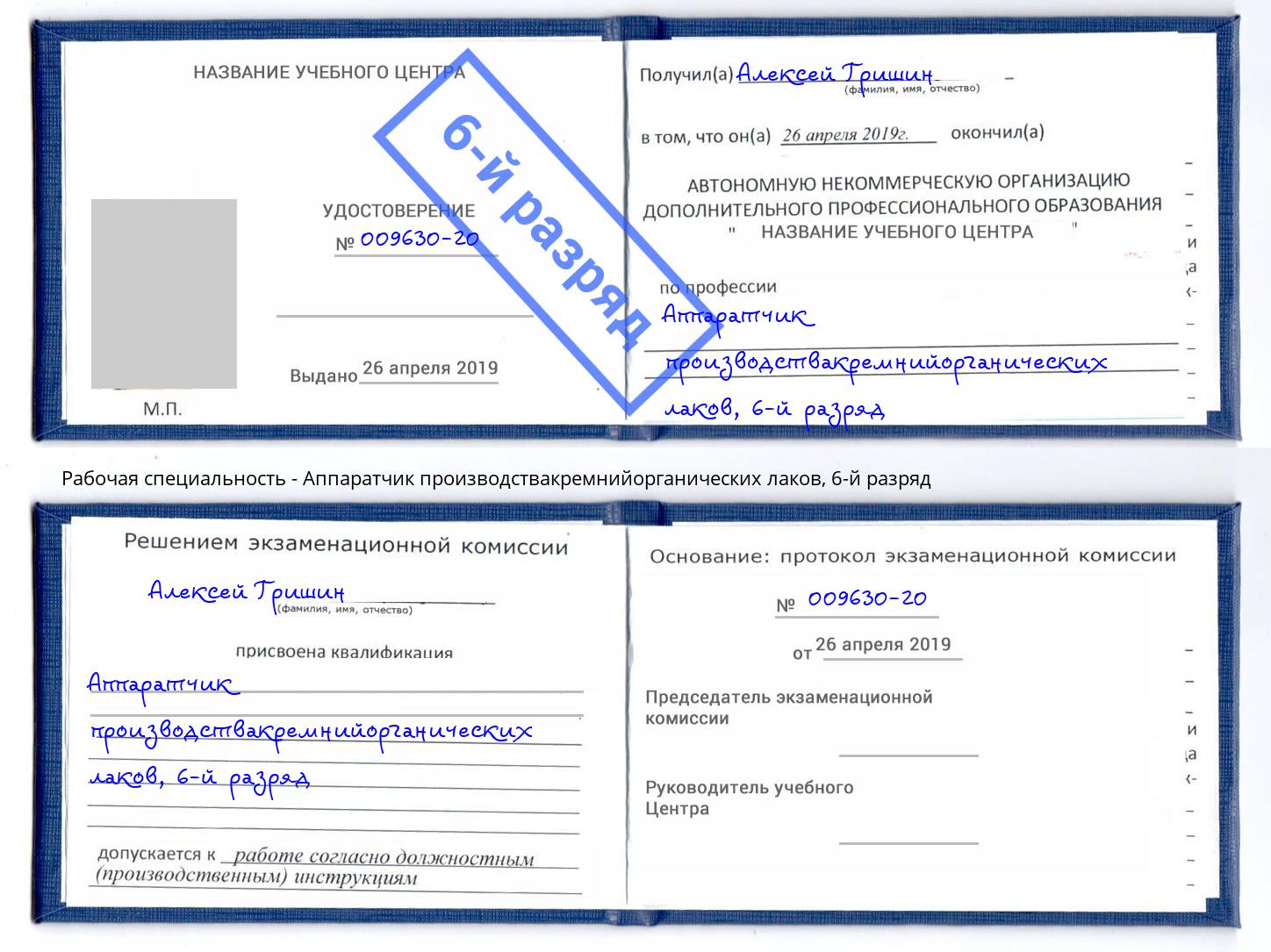 корочка 6-й разряд Аппаратчик производствакремнийорганических лаков Элиста