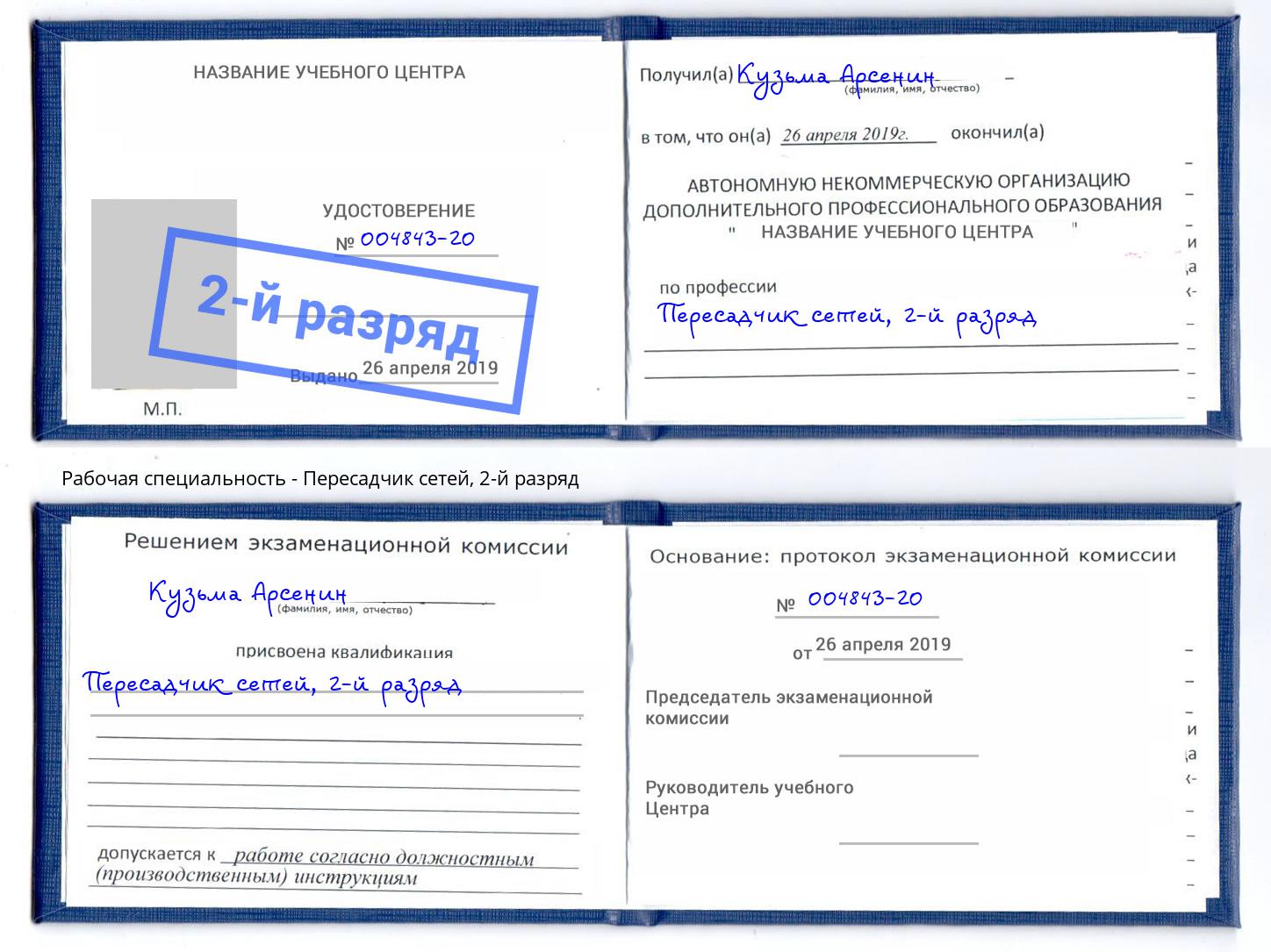 корочка 2-й разряд Пересадчик сетей Элиста