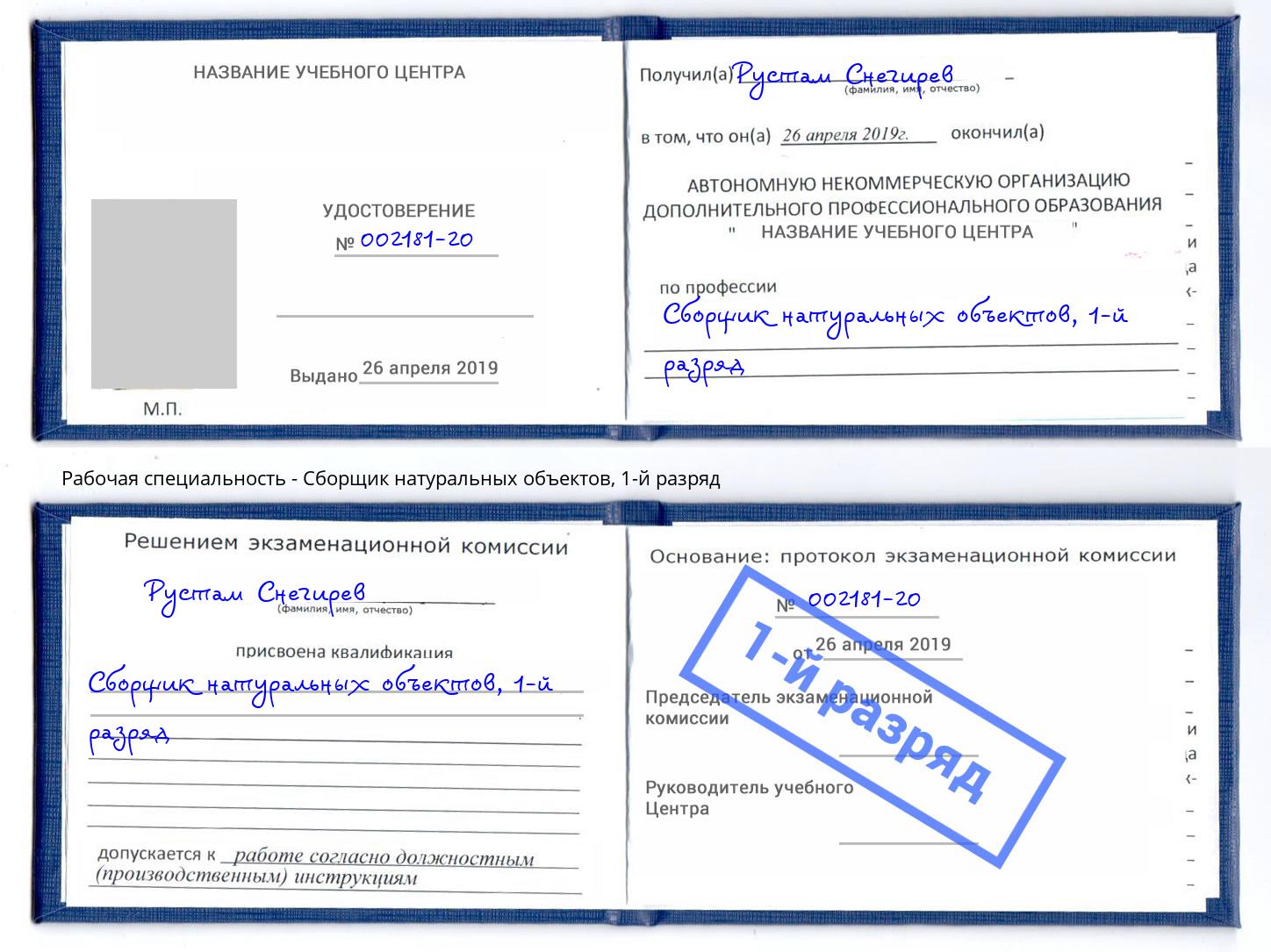 корочка 1-й разряд Сборщик натуральных объектов Элиста