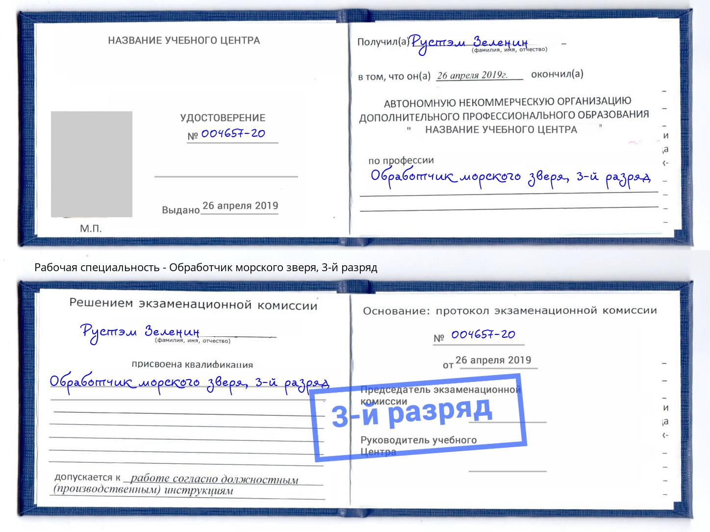 корочка 3-й разряд Обработчик морского зверя Элиста