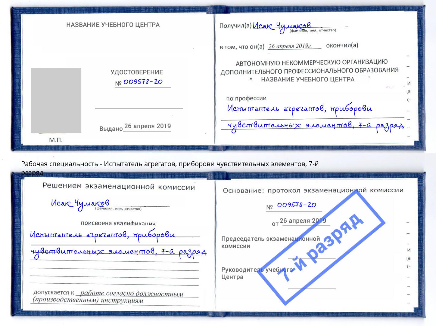 корочка 7-й разряд Испытатель агрегатов, приборови чувствительных элементов Элиста