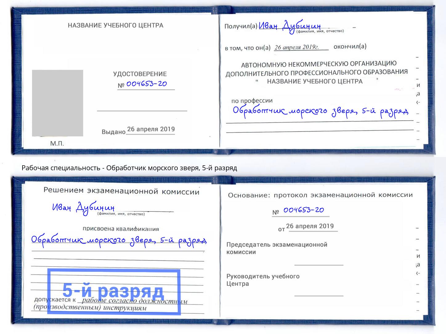 корочка 5-й разряд Обработчик морского зверя Элиста