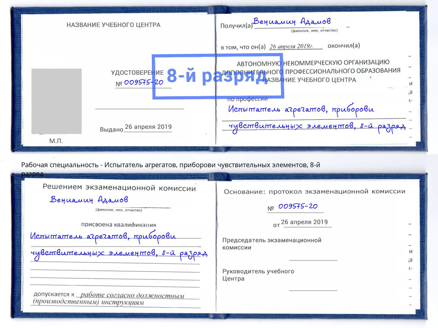 корочка 8-й разряд Испытатель агрегатов, приборови чувствительных элементов Элиста